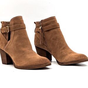 Sam Edelman tan Suede leather MAURINE WESTERN CUTOUT ANKLE BOOTS almond toe 9